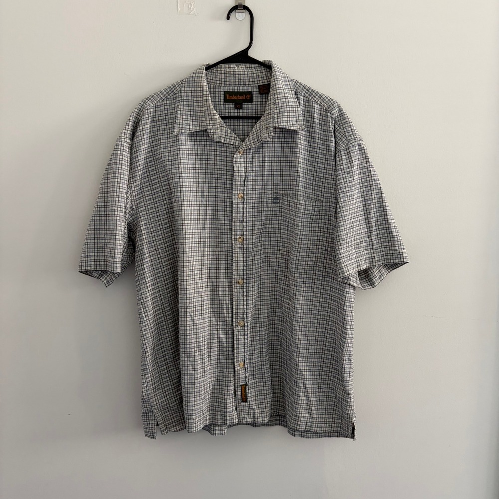 Timberland Mens XL Short Sleeve Plaid Button Down Shirt Blue White Cotton Pocket